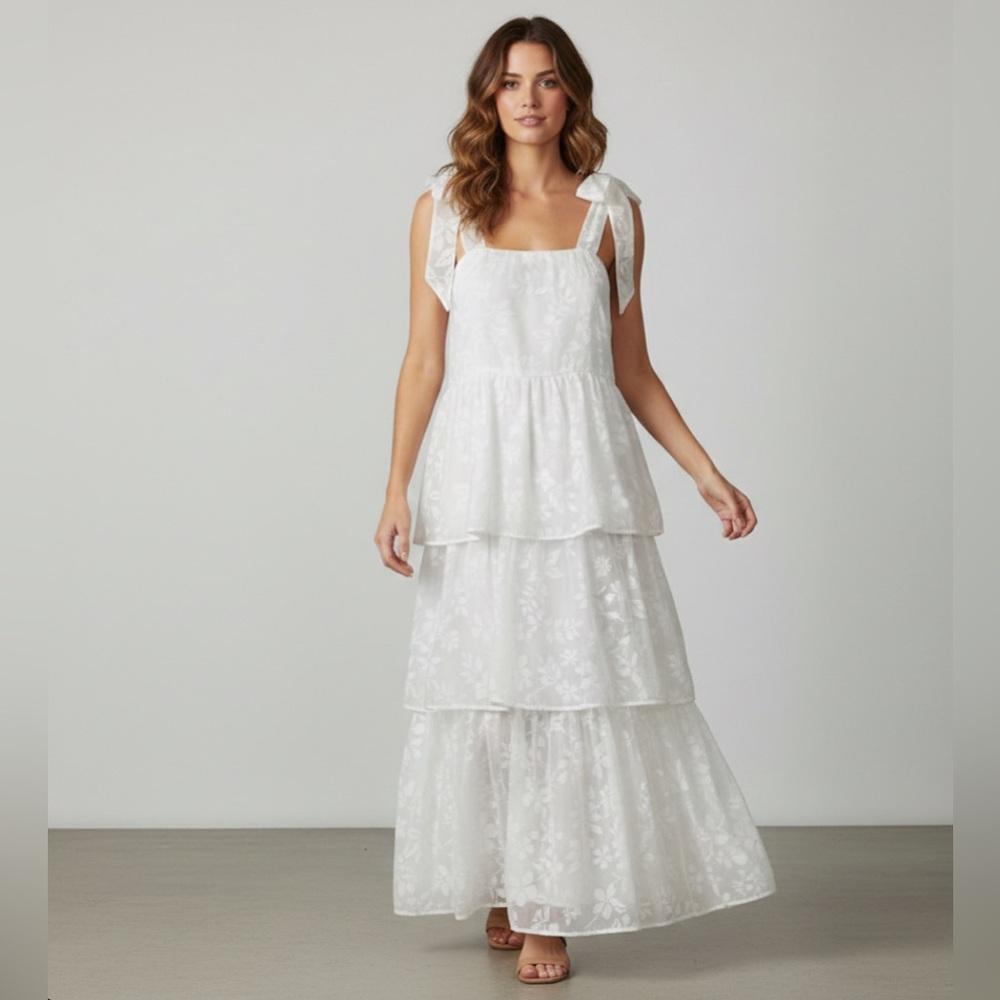 Tiered White Maxi Dress with Tie Shoulder Straps